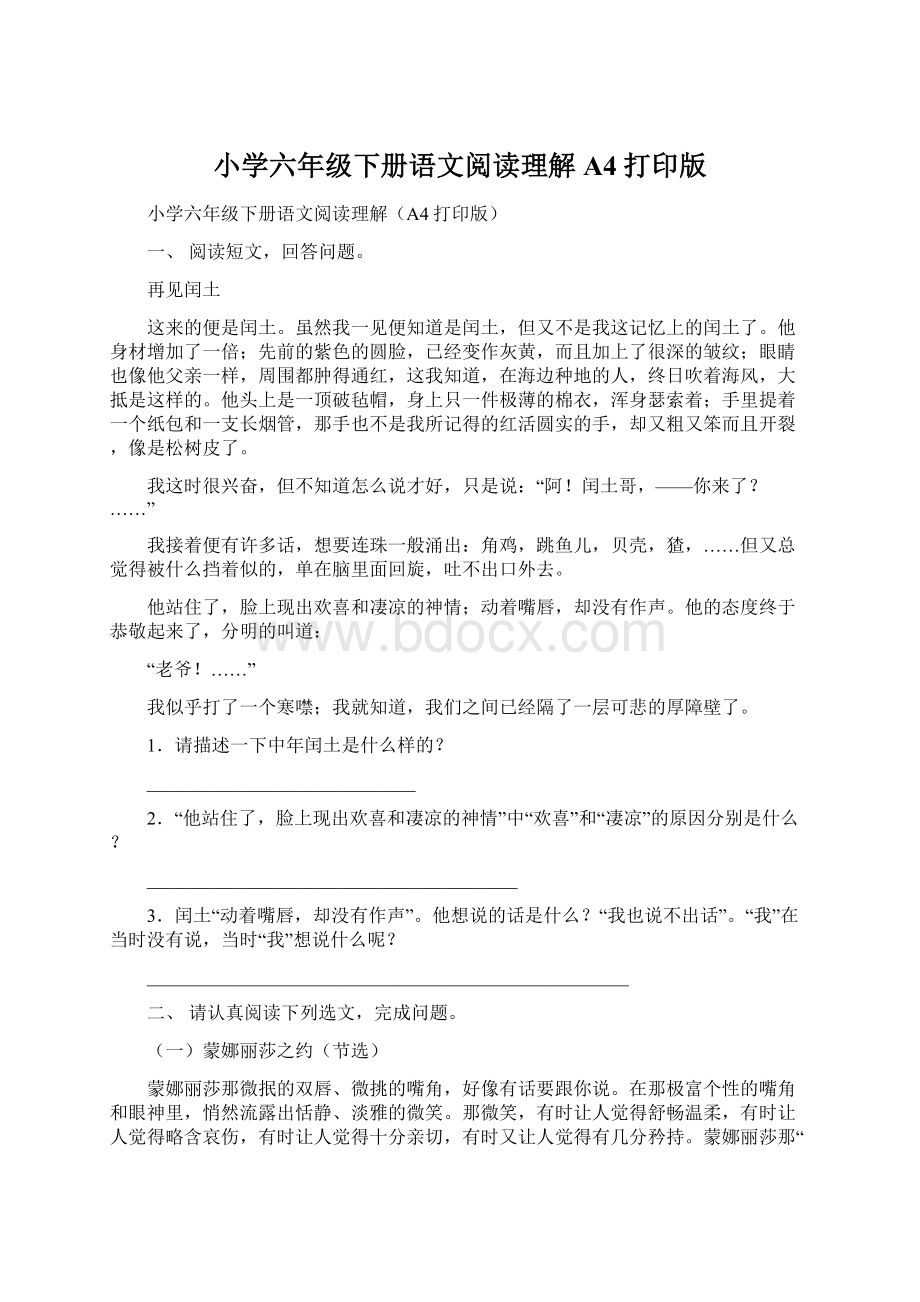 小学六年级下册语文阅读理解A4打印版Word格式.docx