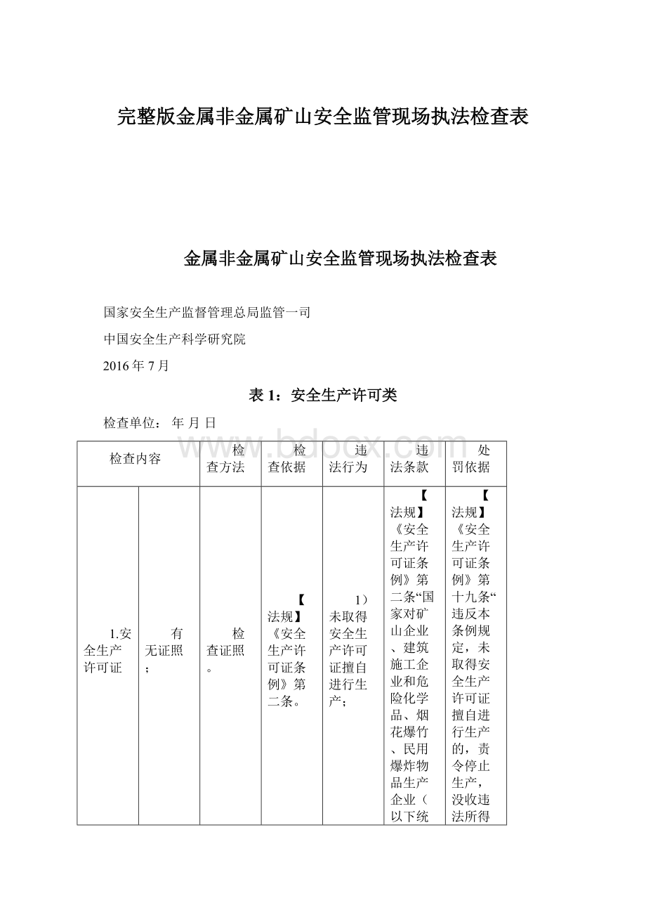 完整版金属非金属矿山安全监管现场执法检查表Word下载.docx_第1页