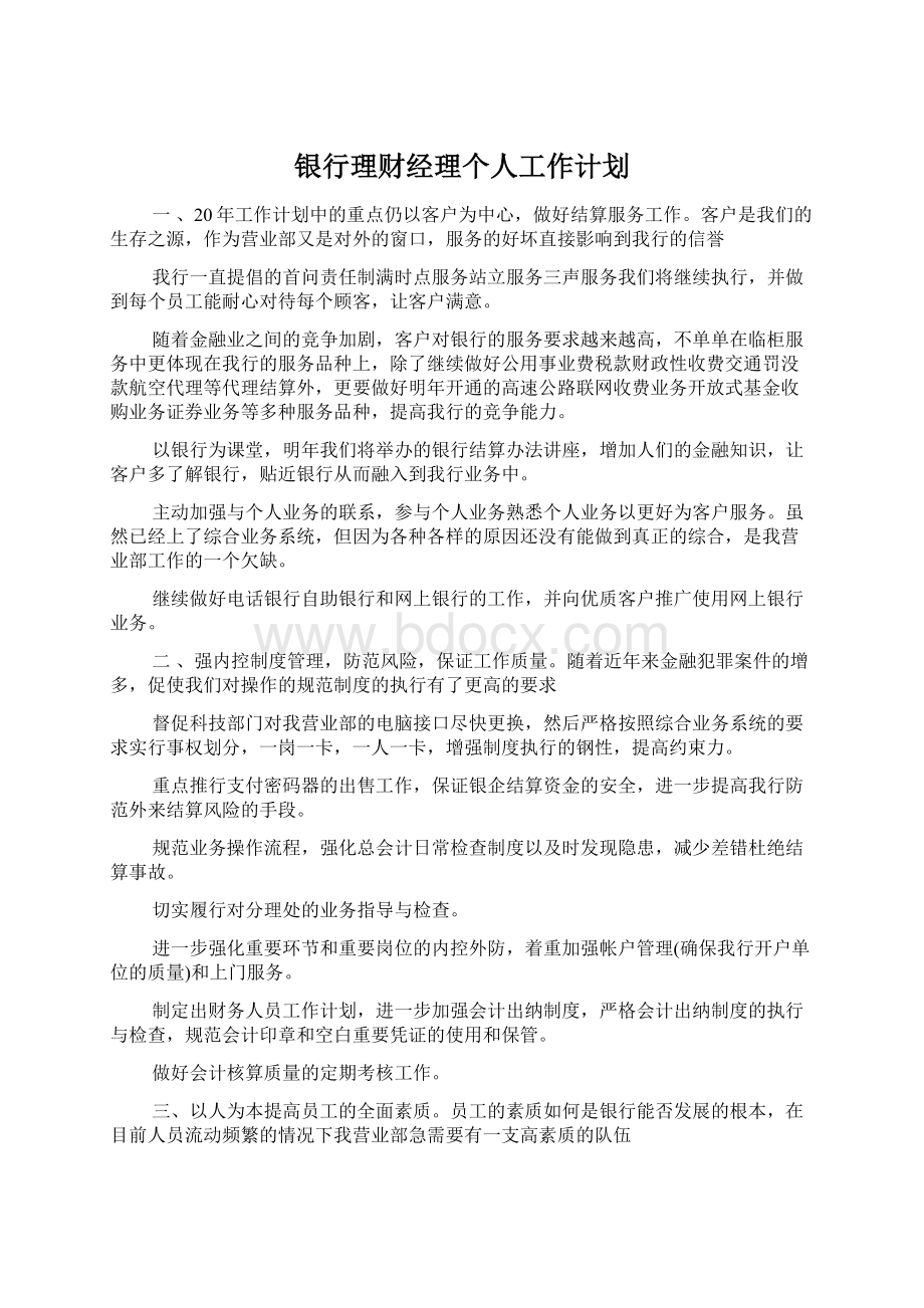 银行理财经理个人工作计划文档格式.docx