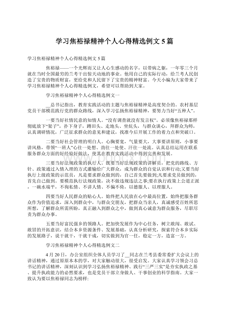 学习焦裕禄精神个人心得精选例文5篇Word下载.docx_第1页