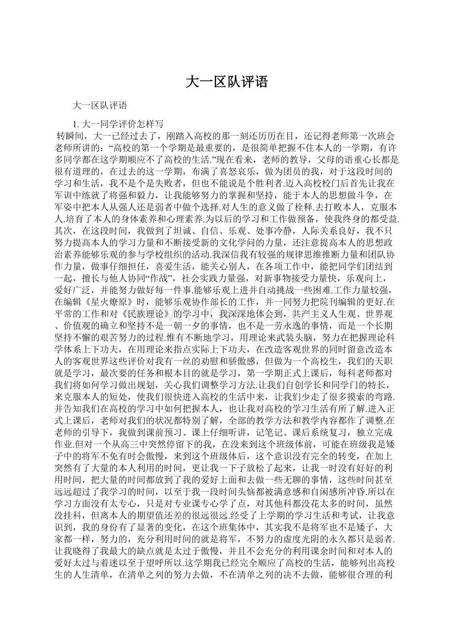 大一区队评语Word文件下载.docx