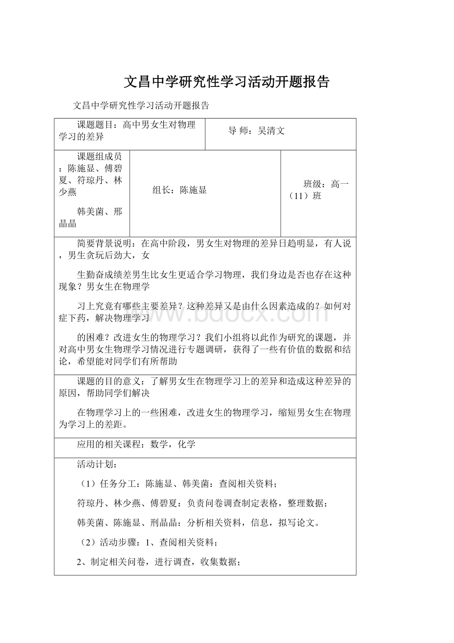 文昌中学研究性学习活动开题报告Word文件下载.docx_第1页