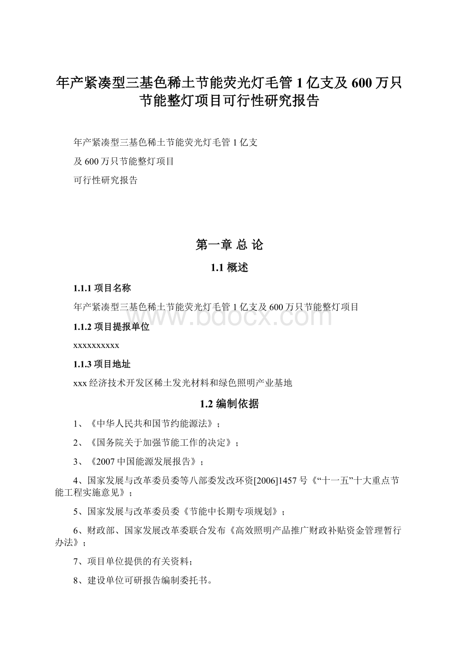 年产紧凑型三基色稀土节能荧光灯毛管1亿支及600万只节能整灯项目可行性研究报告Word文档下载推荐.docx