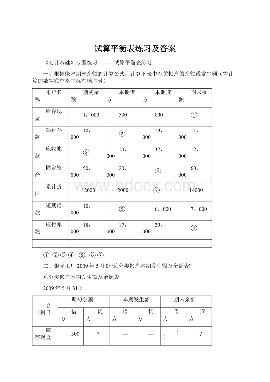 试算平衡表练习及答案Word下载.docx