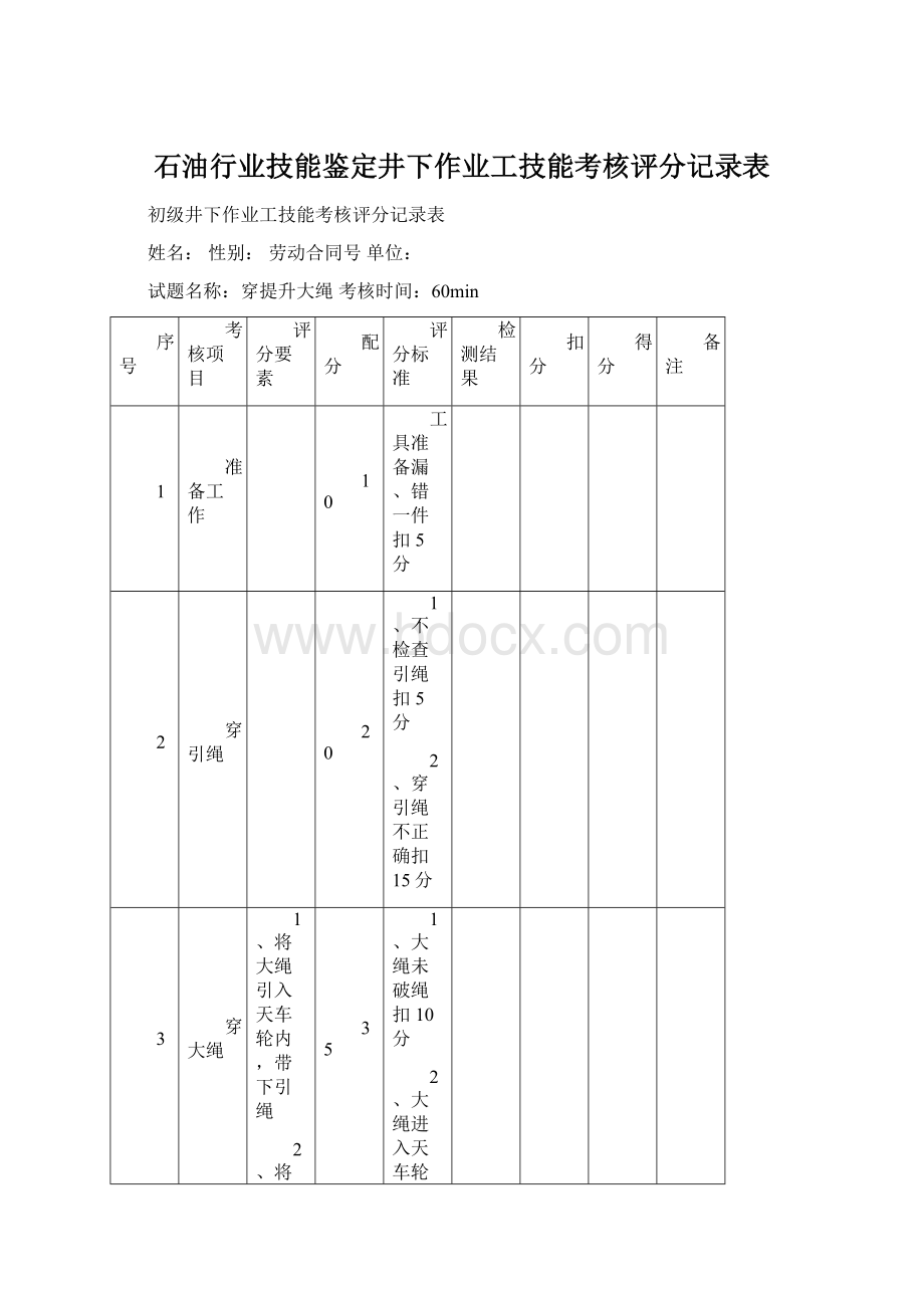 石油行业技能鉴定井下作业工技能考核评分记录表Word文件下载.docx_第1页