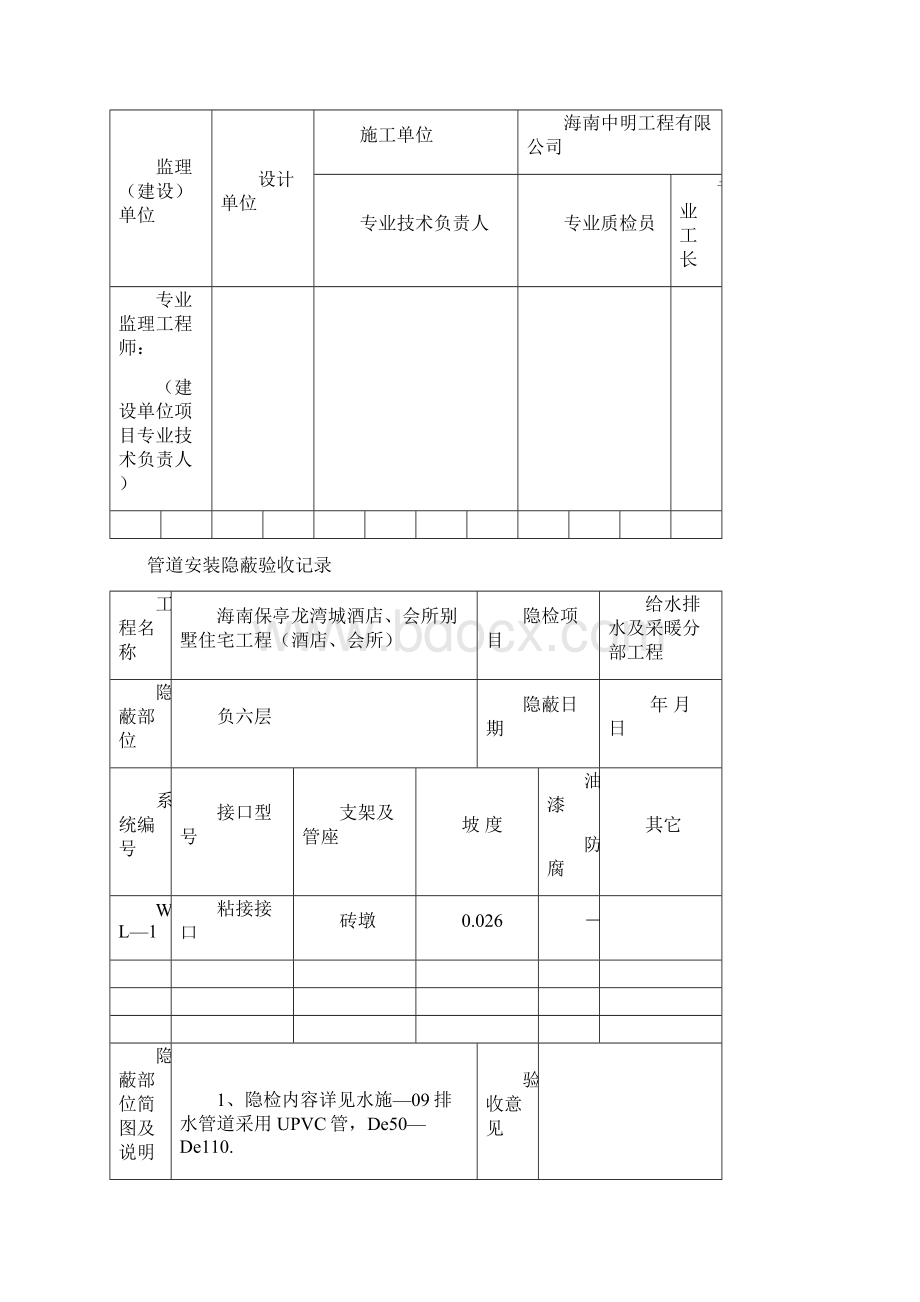 水电管道安装隐蔽验收记录范本模板Word文档格式.docx_第2页