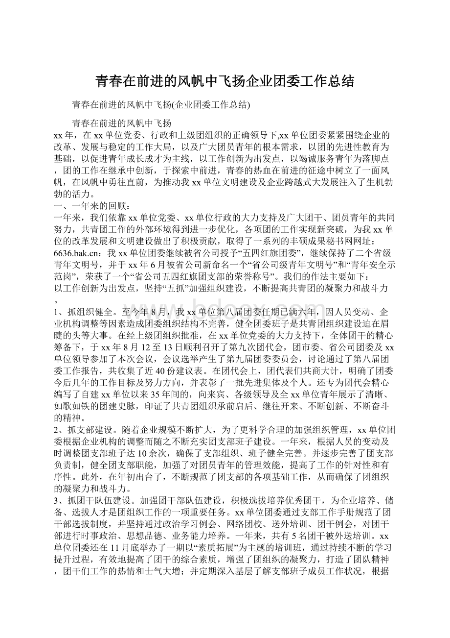 青春在前进的风帆中飞扬企业团委工作总结.docx