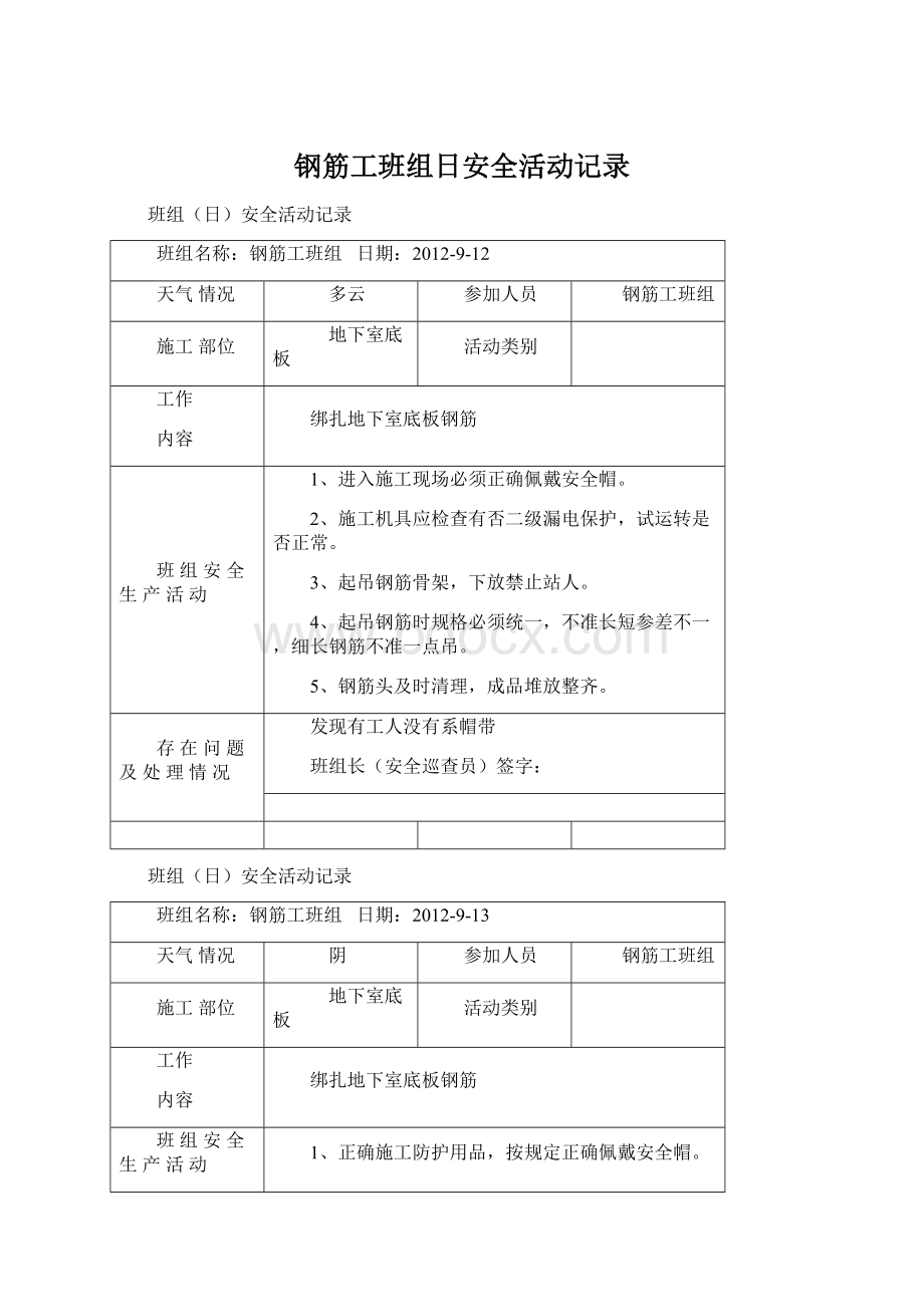 钢筋工班组日安全活动记录.docx