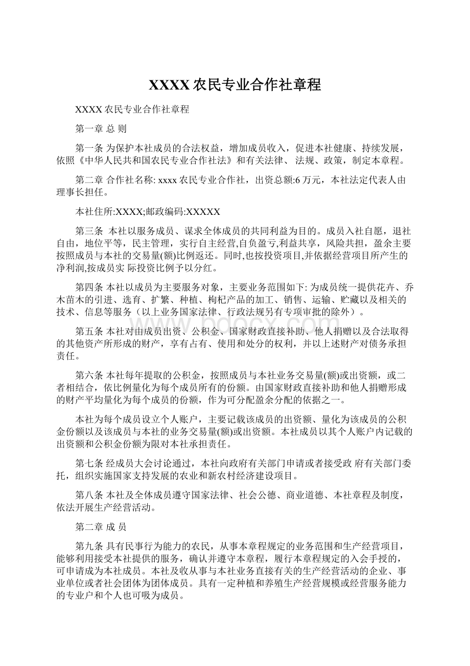 XXXX农民专业合作社章程.docx_第1页