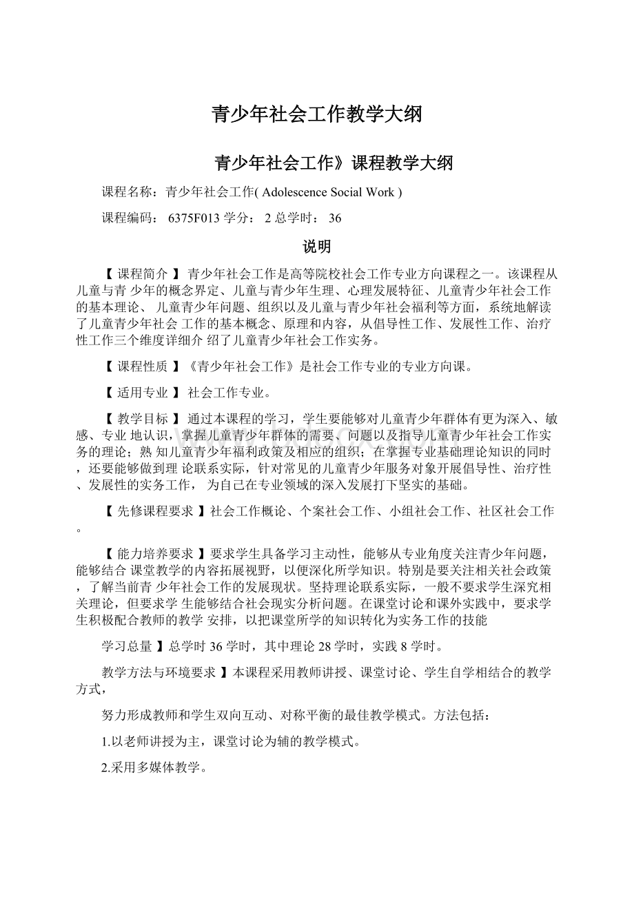 青少年社会工作教学大纲文档格式.docx