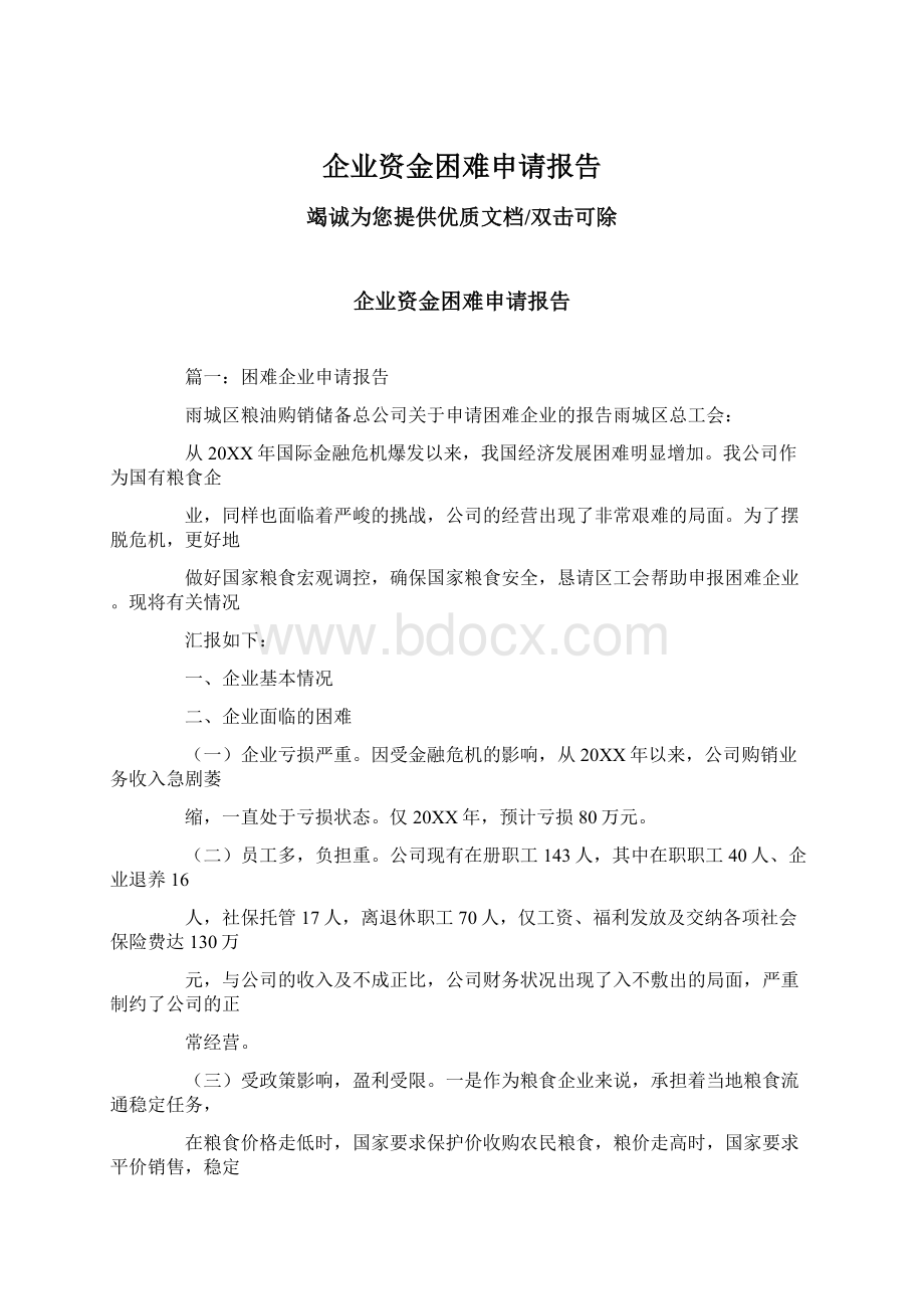 企业资金困难申请报告Word文档格式.docx