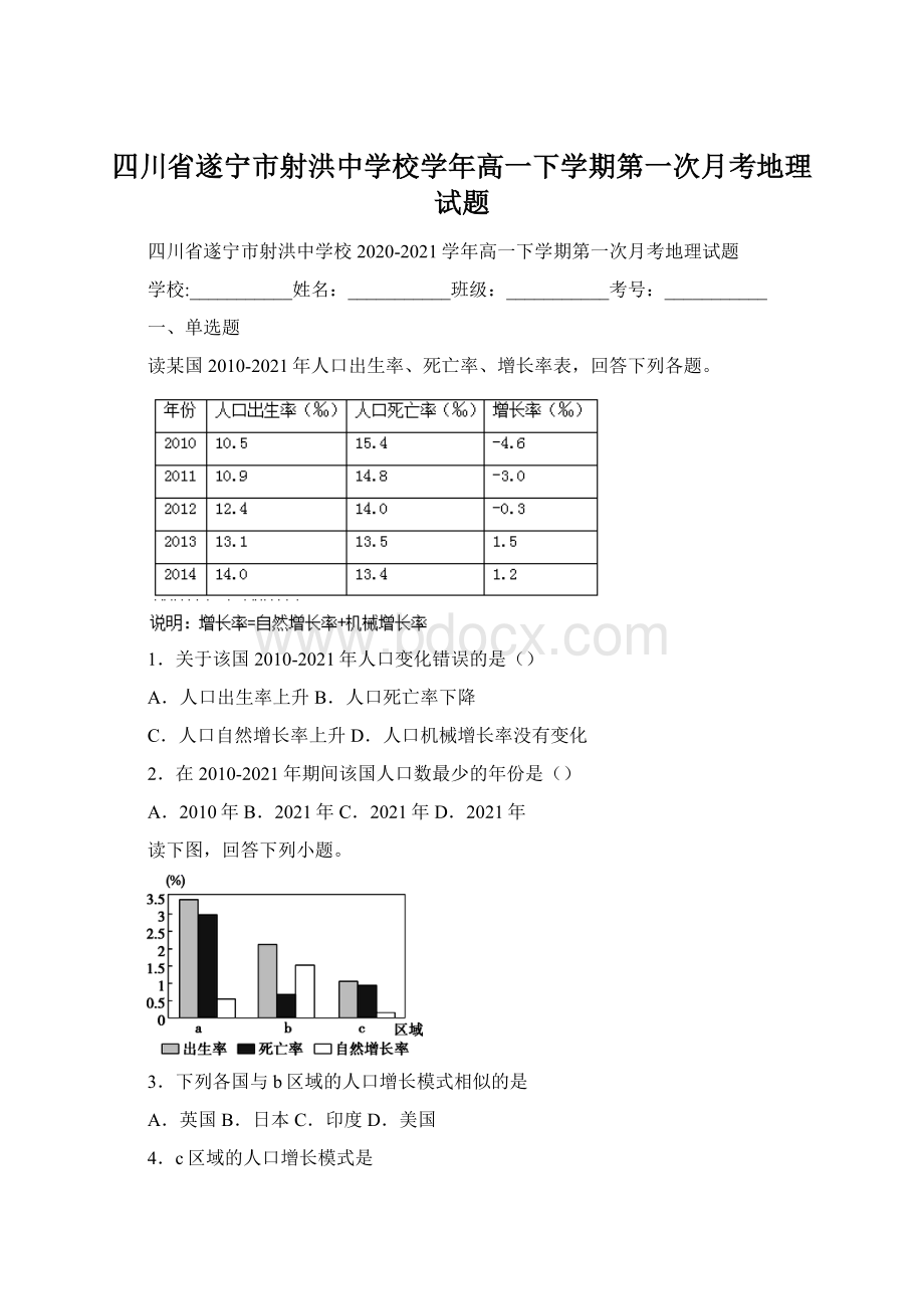 四川省遂宁市射洪中学校学年高一下学期第一次月考地理试题.docx