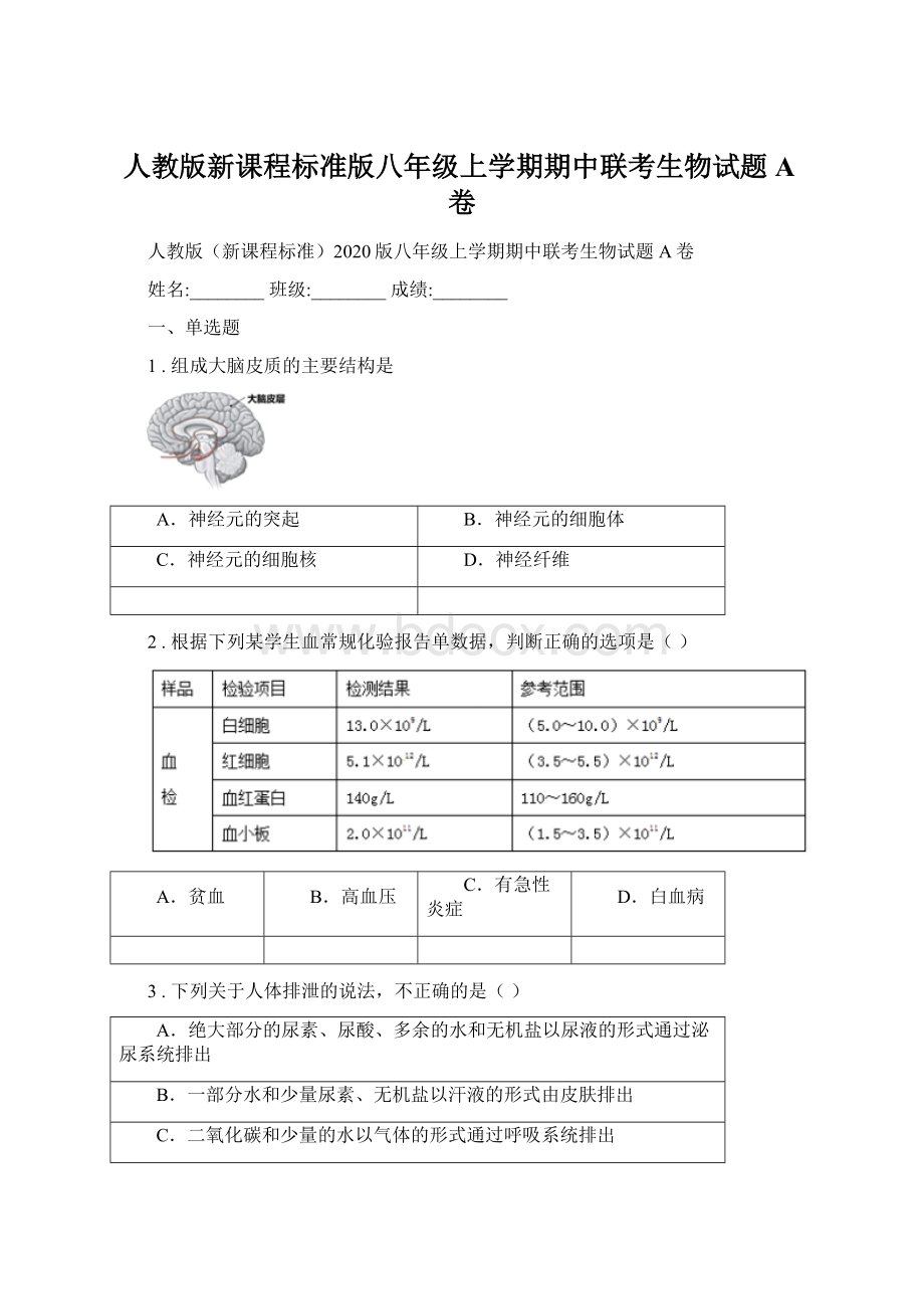 人教版新课程标准版八年级上学期期中联考生物试题A卷.docx