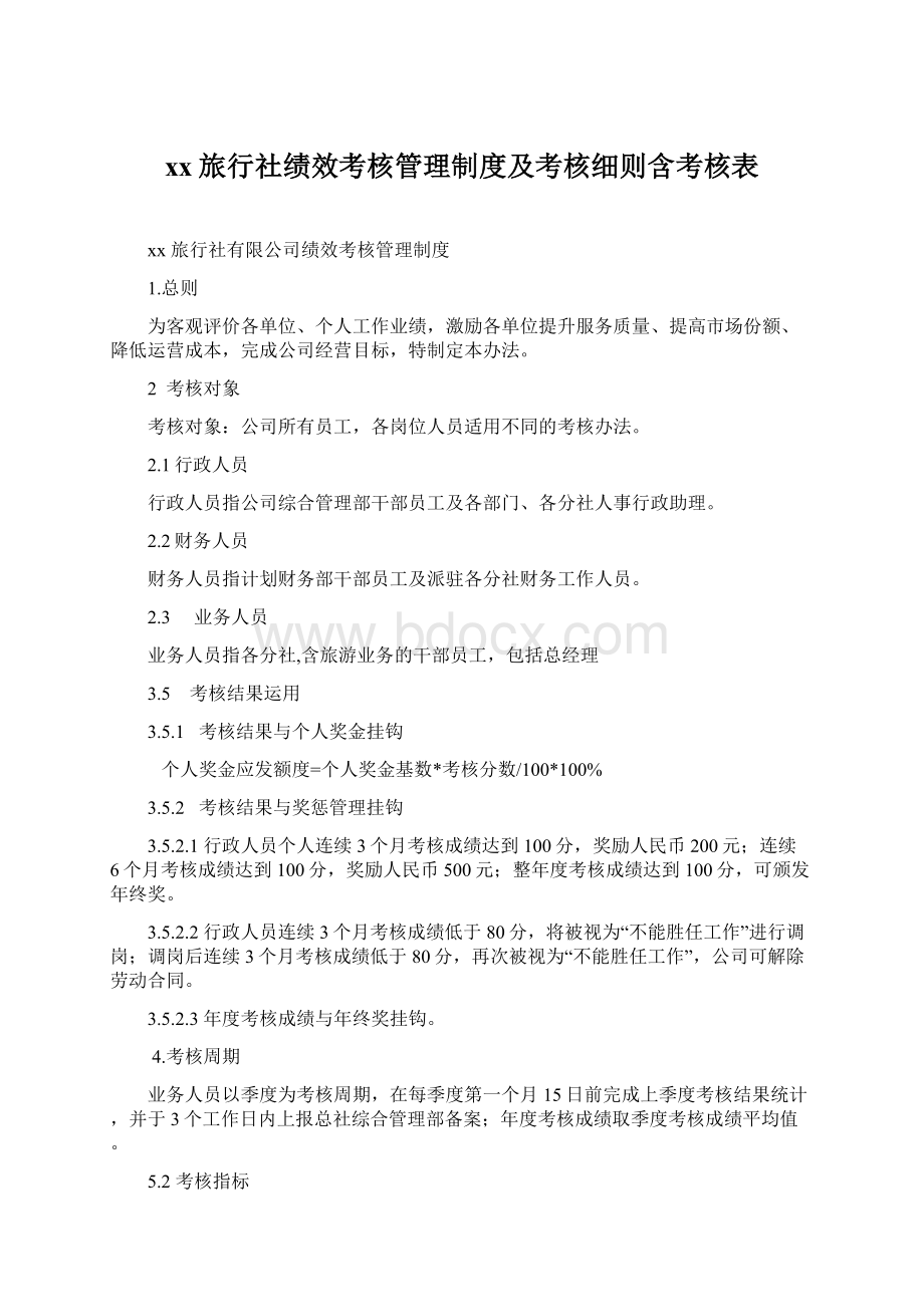 xx旅行社绩效考核管理制度及考核细则含考核表.docx_第1页