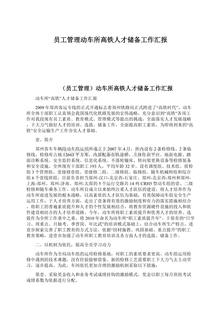 员工管理动车所高铁人才储备工作汇报.docx