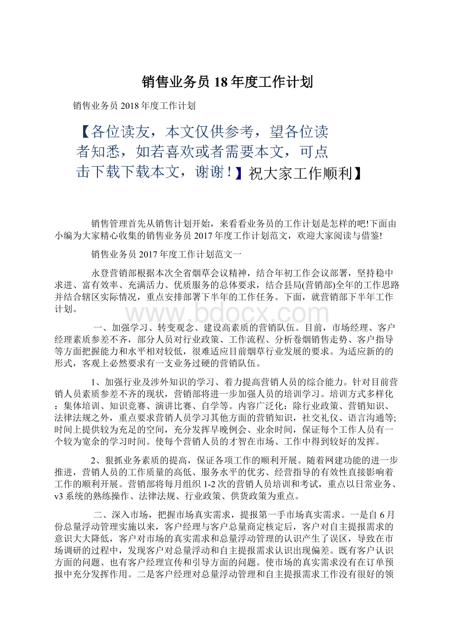 销售业务员18年度工作计划.docx_第1页