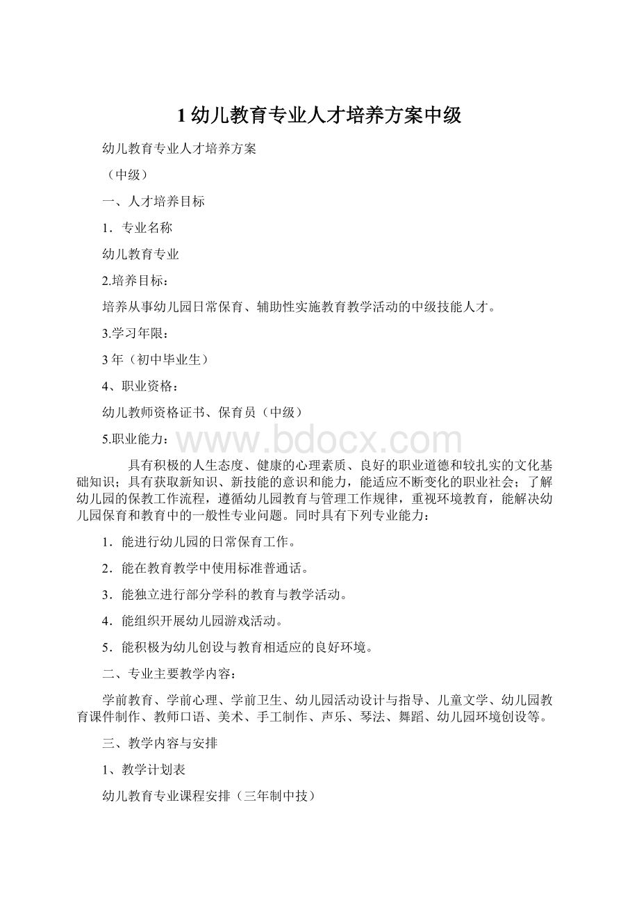 1幼儿教育专业人才培养方案中级Word文件下载.docx