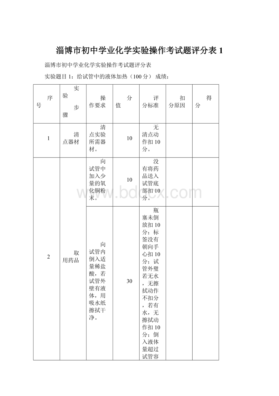 淄博市初中学业化学实验操作考试题评分表 1文档格式.docx