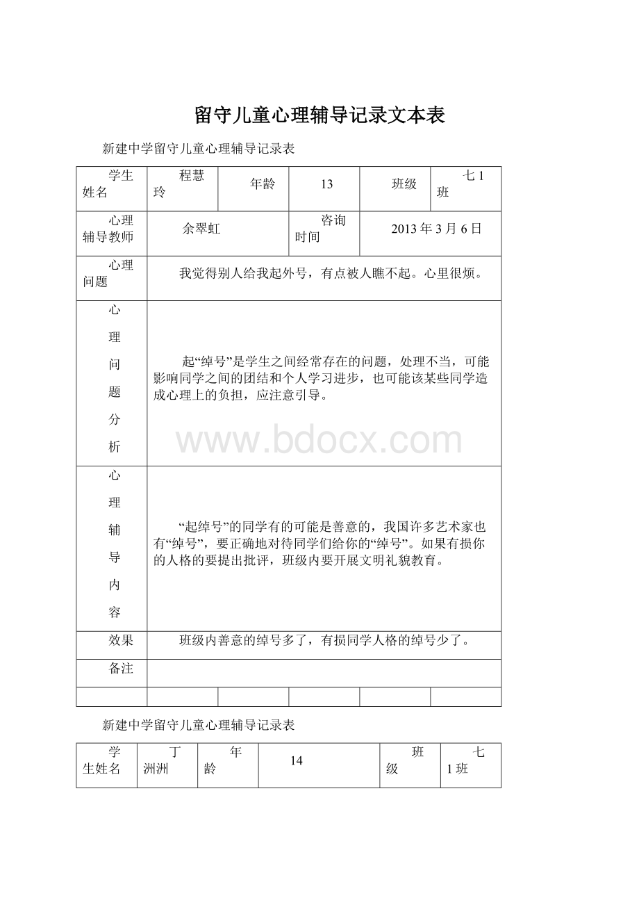 留守儿童心理辅导记录文本表Word文档格式.docx_第1页