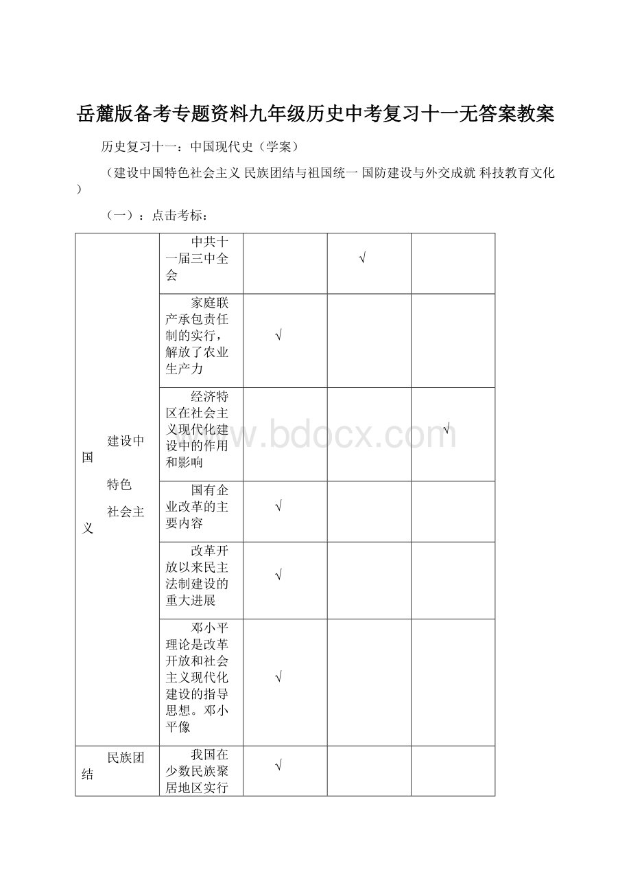 岳麓版备考专题资料九年级历史中考复习十一无答案教案.docx