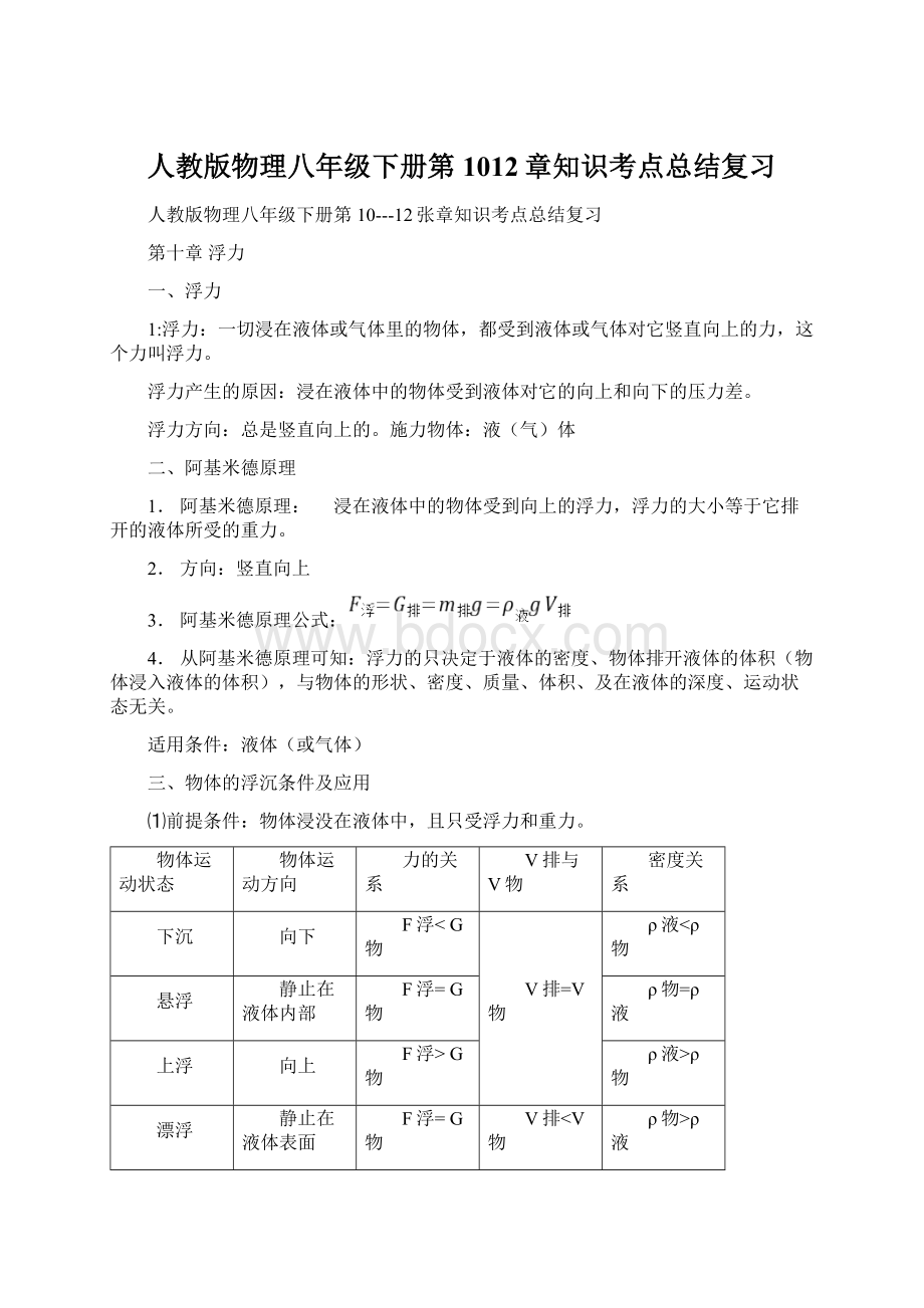 人教版物理八年级下册第1012章知识考点总结复习Word文件下载.docx