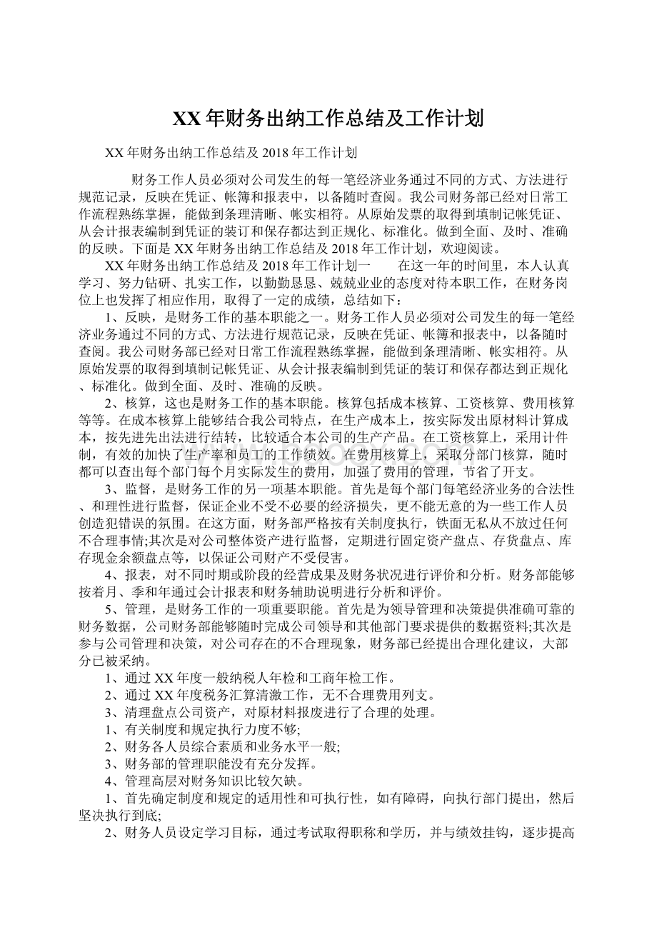 XX年财务出纳工作总结及工作计划文档格式.docx_第1页