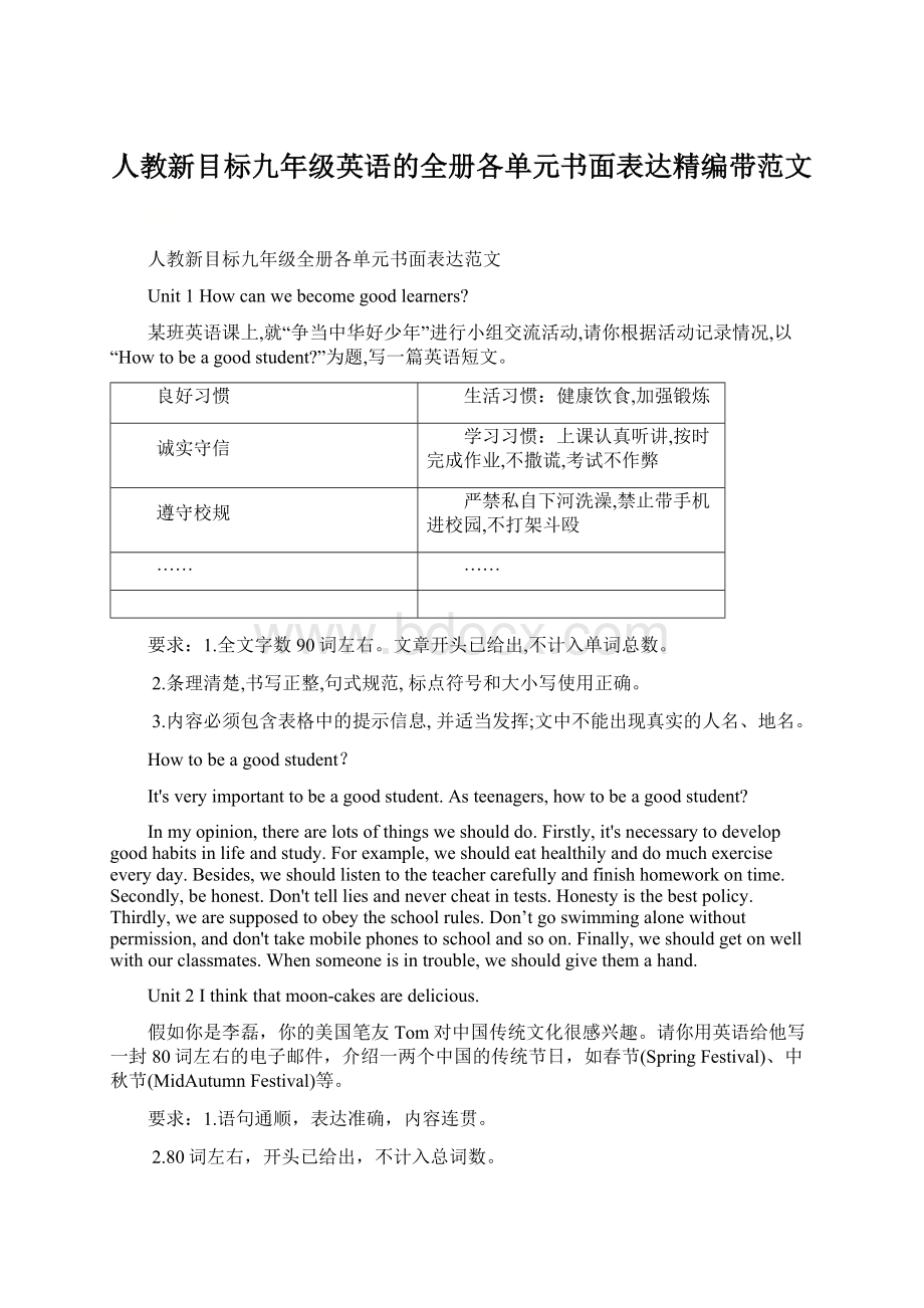 人教新目标九年级英语的全册各单元书面表达精编带范文.docx_第1页