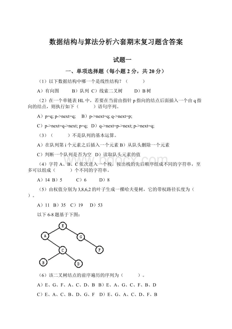 数据结构与算法分析六套期末复习题含答案.docx_第1页