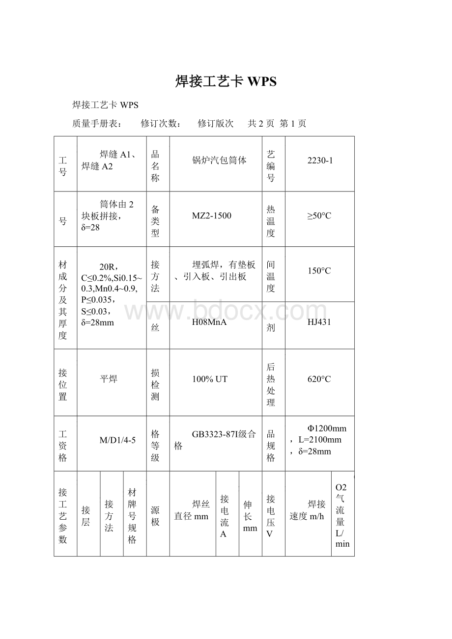 焊接工艺卡WPSWord格式文档下载.docx_第1页