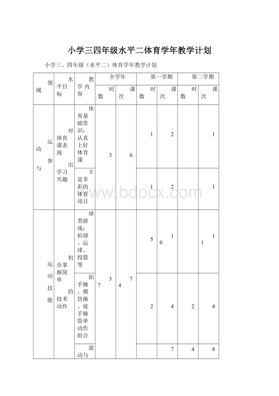 小学三四年级水平二体育学年教学计划Word格式文档下载.docx_第1页