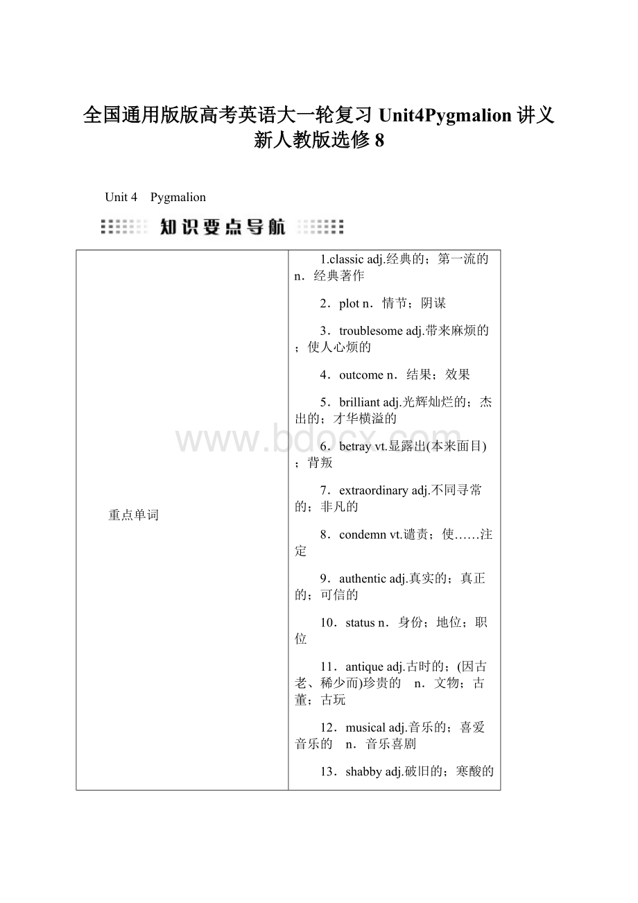 全国通用版版高考英语大一轮复习Unit4Pygmalion讲义新人教版选修8Word文档格式.docx