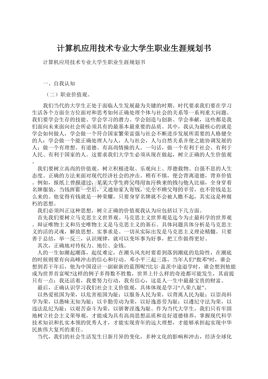 计算机应用技术专业大学生职业生涯规划书.docx_第1页