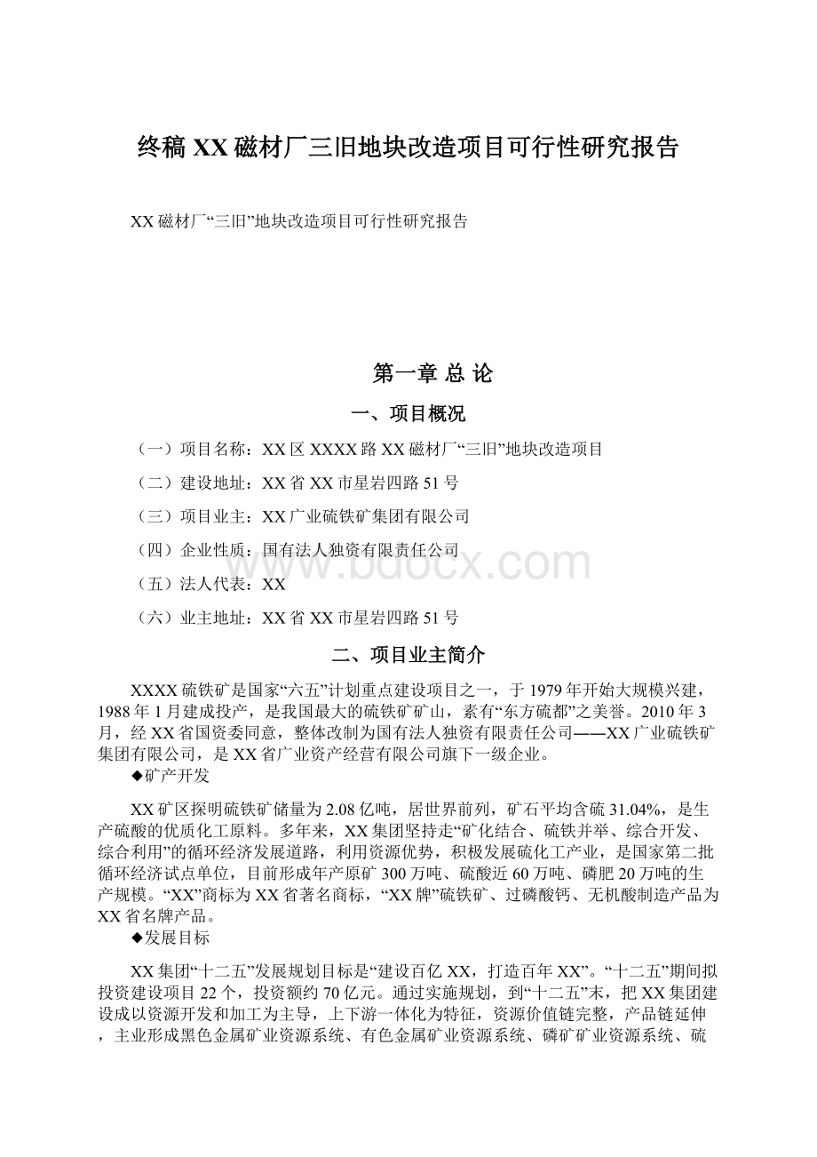 终稿XX磁材厂三旧地块改造项目可行性研究报告.docx_第1页