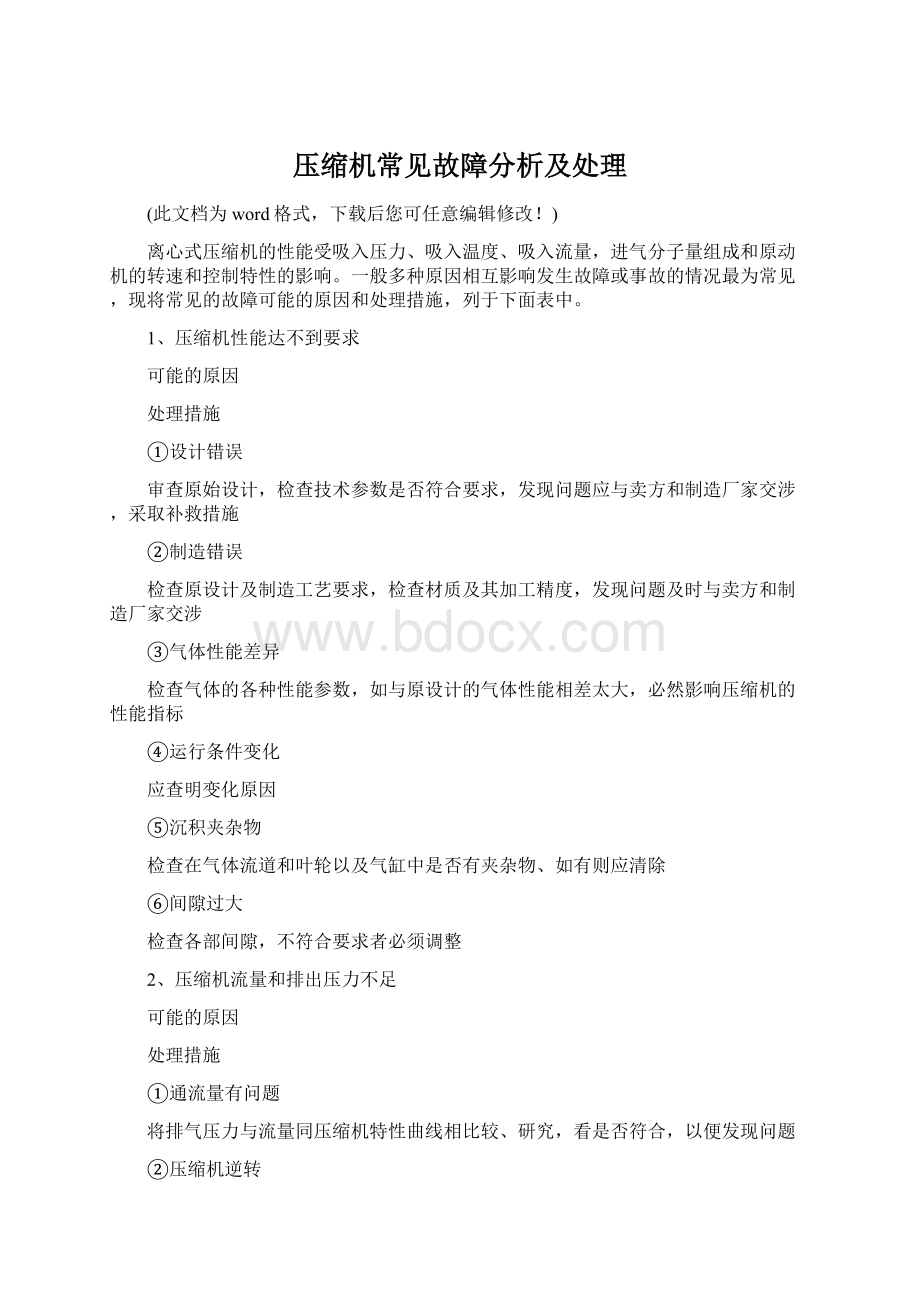 压缩机常见故障分析及处理Word下载.docx