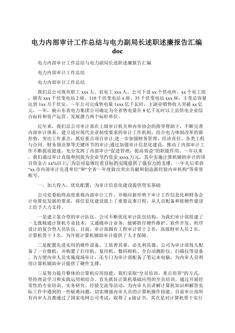 电力内部审计工作总结与电力副局长述职述廉报告汇编doc.docx