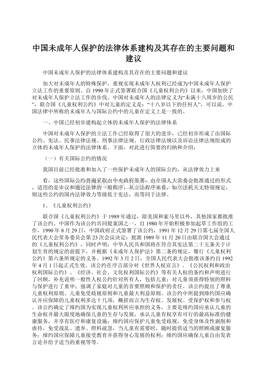 中国未成年人保护的法律体系建构及其存在的主要问题和建议Word格式文档下载.docx