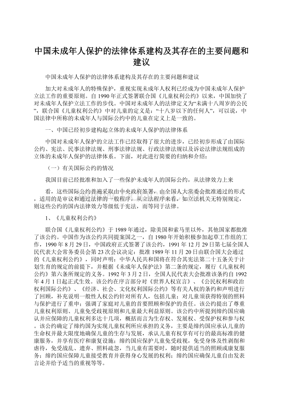 中国未成年人保护的法律体系建构及其存在的主要问题和建议Word格式文档下载.docx_第1页