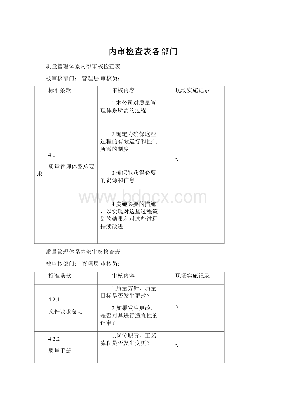 内审检查表各部门.docx_第1页