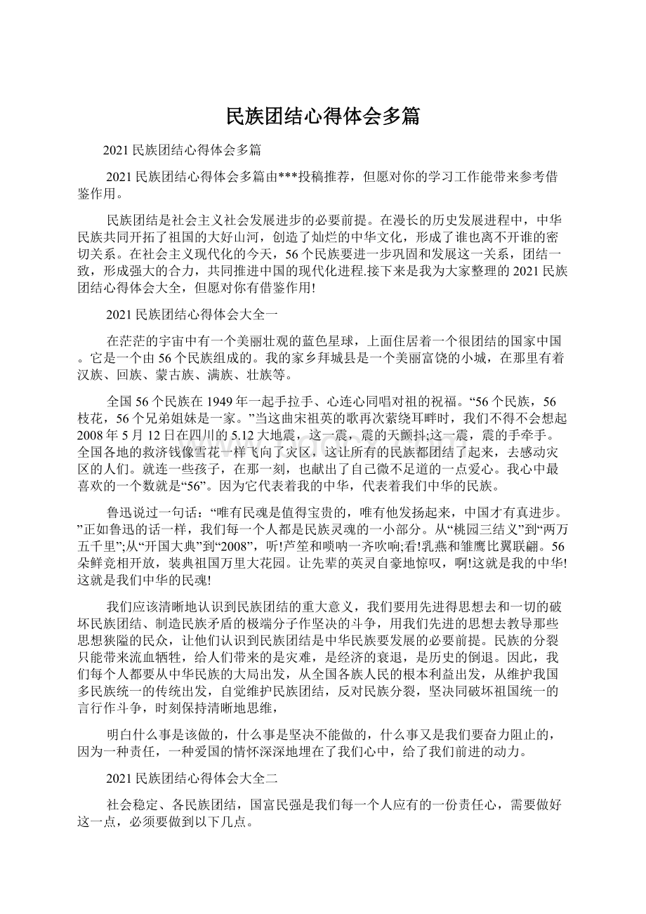 民族团结心得体会多篇Word文档格式.docx