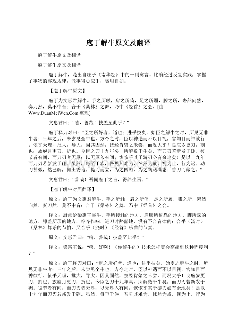 庖丁解牛原文及翻译文档格式.docx