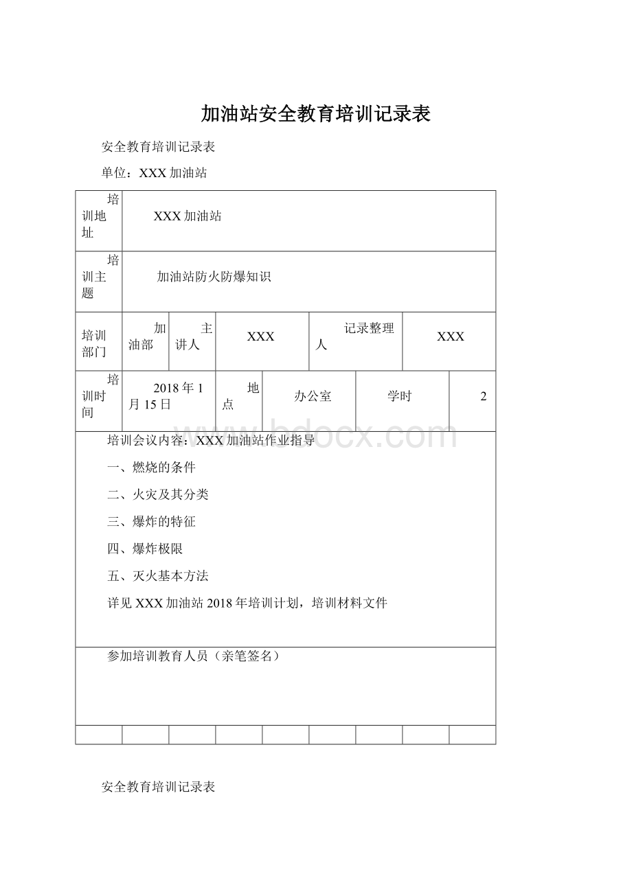 加油站安全教育培训记录表Word文档格式.docx