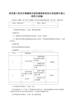 使用侵入性诊疗器械相关医院感染防控依从性监测方案之欧阳主创编Word格式.docx