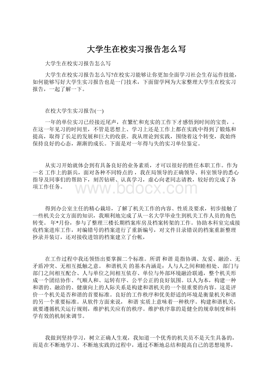 大学生在校实习报告怎么写Word格式.docx