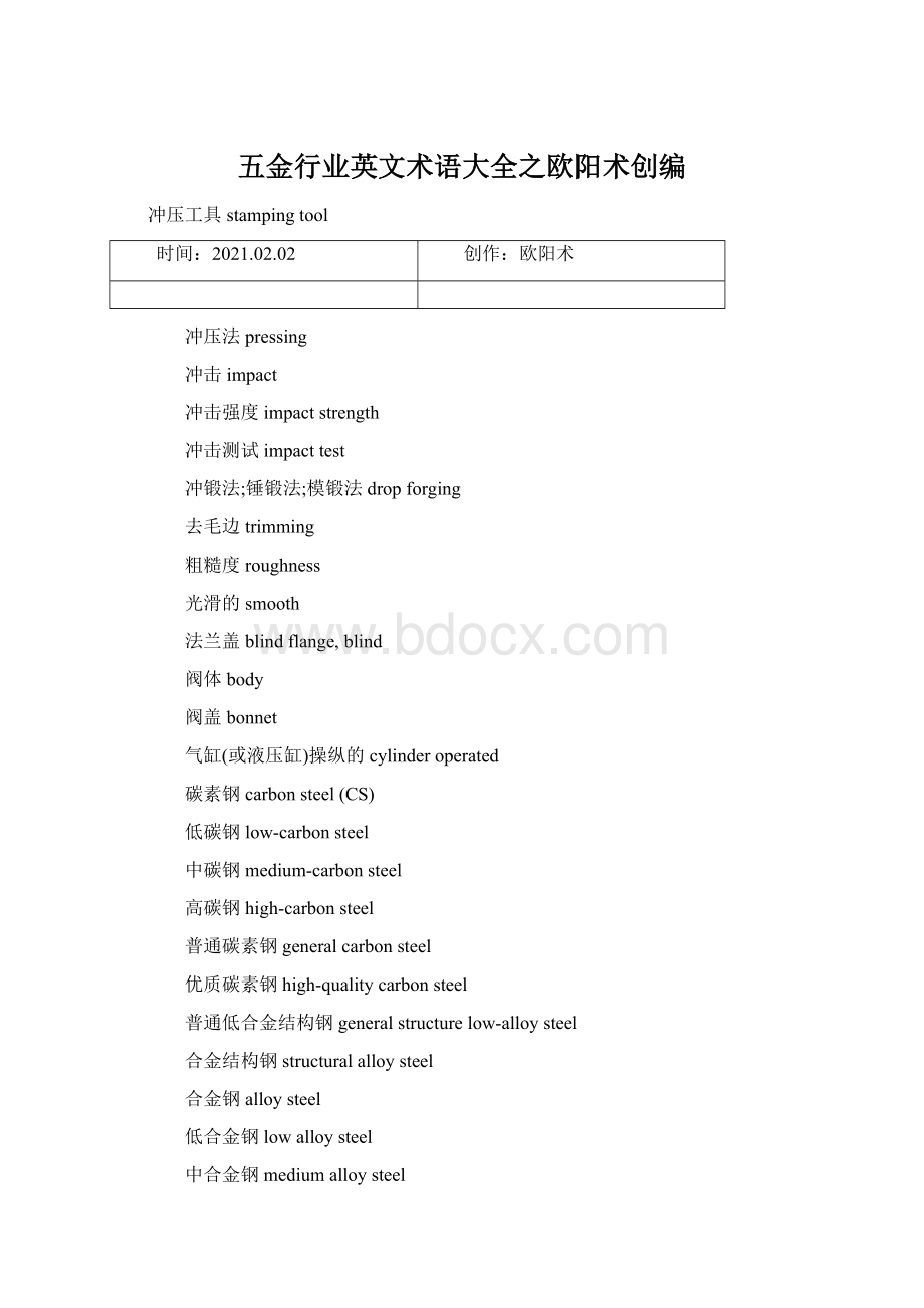 五金行业英文术语大全之欧阳术创编Word格式文档下载.docx