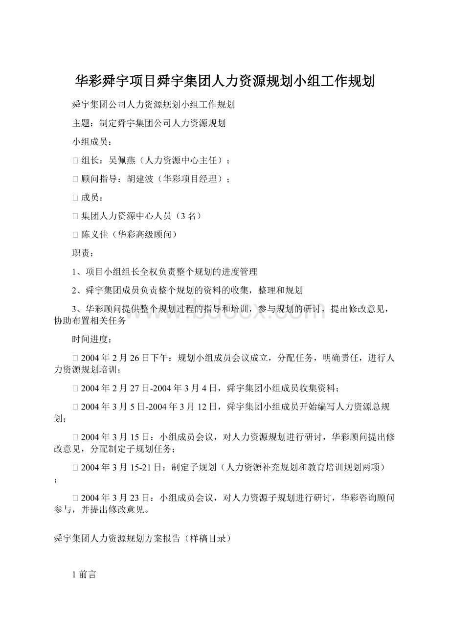 华彩舜宇项目舜宇集团人力资源规划小组工作规划.docx_第1页