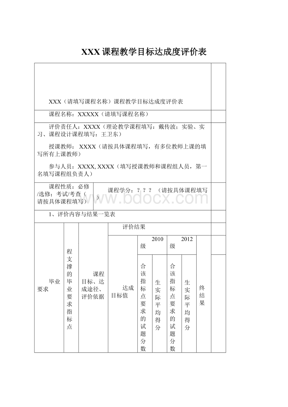 XXX课程教学目标达成度评价表.docx