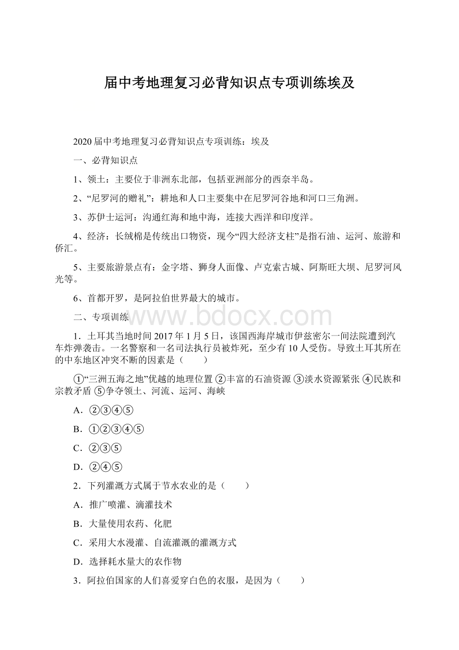 届中考地理复习必背知识点专项训练埃及Word文档下载推荐.docx