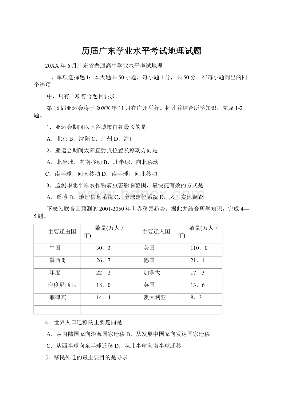 历届广东学业水平考试地理试题.docx