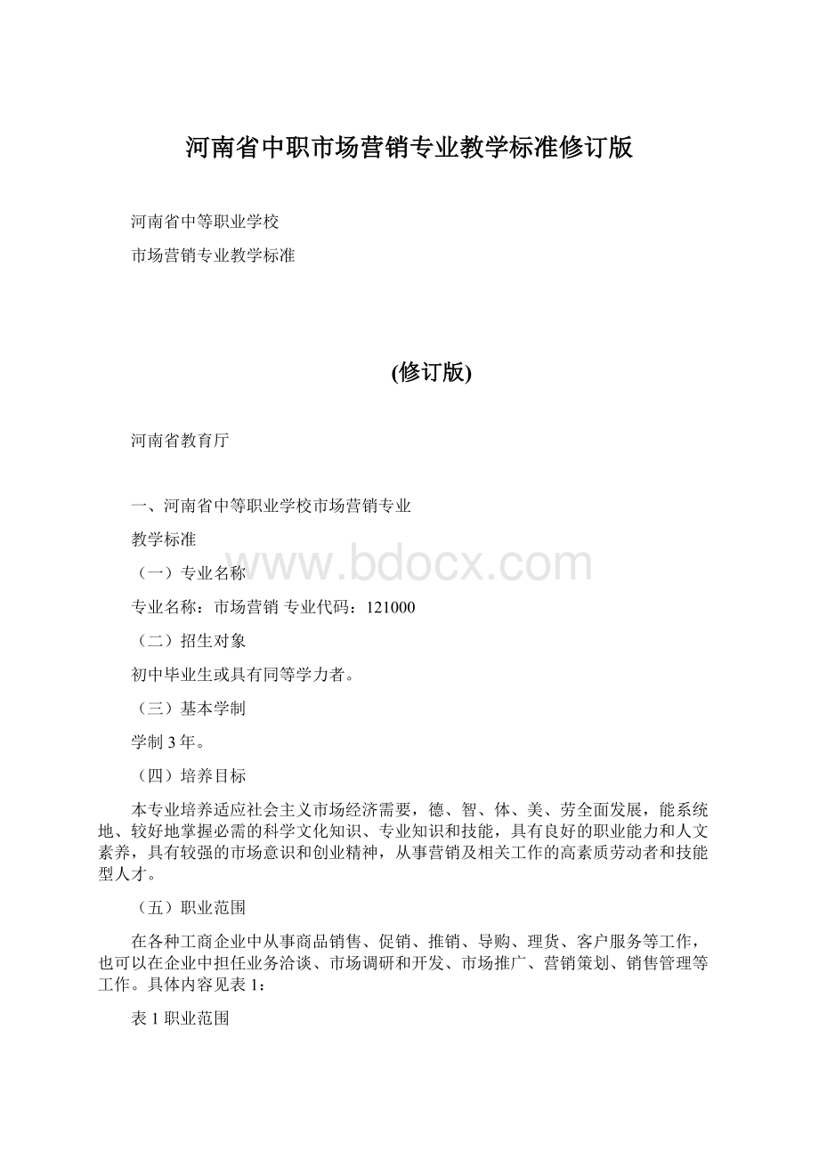 河南省中职市场营销专业教学标准修订版.docx_第1页