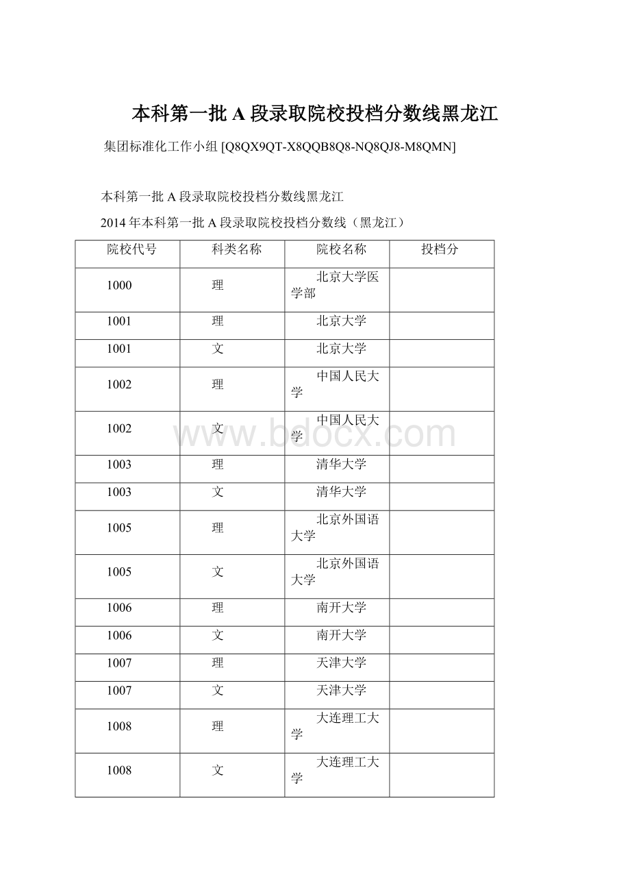 本科第一批A段录取院校投档分数线黑龙江.docx_第1页